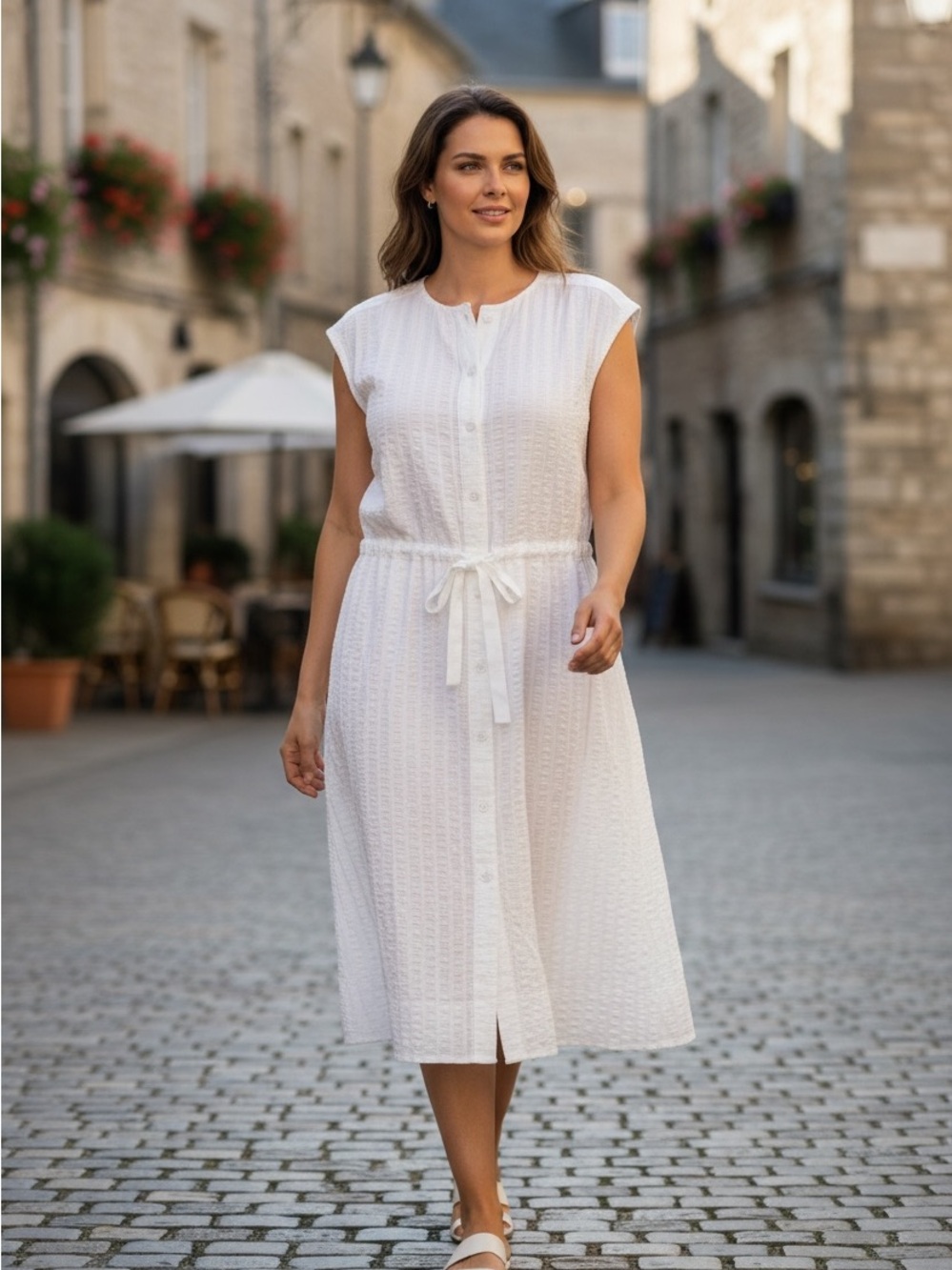 Tommy Hilfiger White Button-Front Midi Dress with Tie Waist NWT